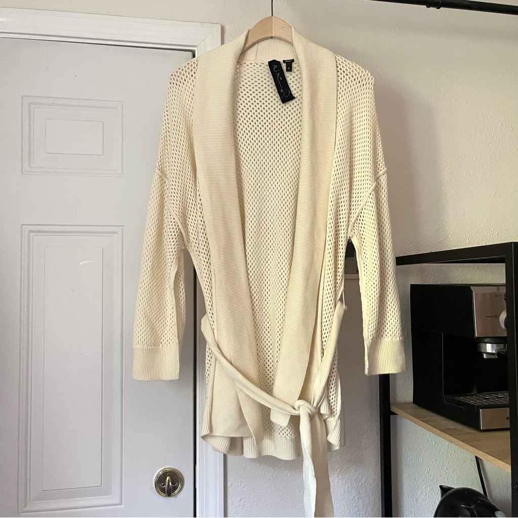 Parrish La Ivory Cream Open Crochet Knit Belted Buttonless Kimono Cardigan